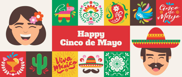 Gridded Cinco de Mayo Celebration banner - v2 Banner design for the Cinco de Mayo holiday with related icons and symbols in a grid. Horizontal format. 
Vector icon designs on Mexican culture. hispanic day illustrations stock illustrations