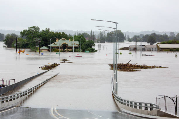 The bridge at Windsor submerged after extreme weather flooding stock photo