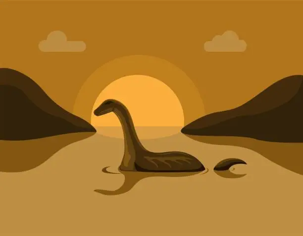 Vector illustration of Lochness monster sillhouette in lake, urban legend story scene illustration vector