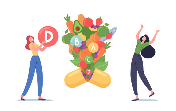 illustrations, cliparts, dessins animés et icônes de les personnages de femmes retenant la boule énorme avec le symbole de la vitamine d, les fruits sains et les légumes volent hors du supplément nutritionnel - vitamin capsule illustrations