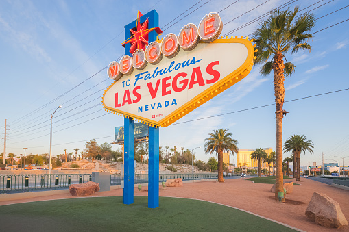 The iconic landmark Welcome to Fabulous Las Vegas sign on Las Vegas Boulevard strip on a bight sunny day.