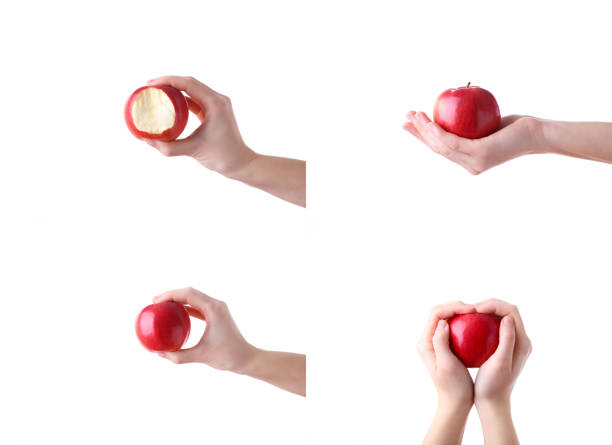 This is a clean simple image of a hand holding an apple with a lot of copy space. The image is styled in a warm retro tone to make it look vintage.