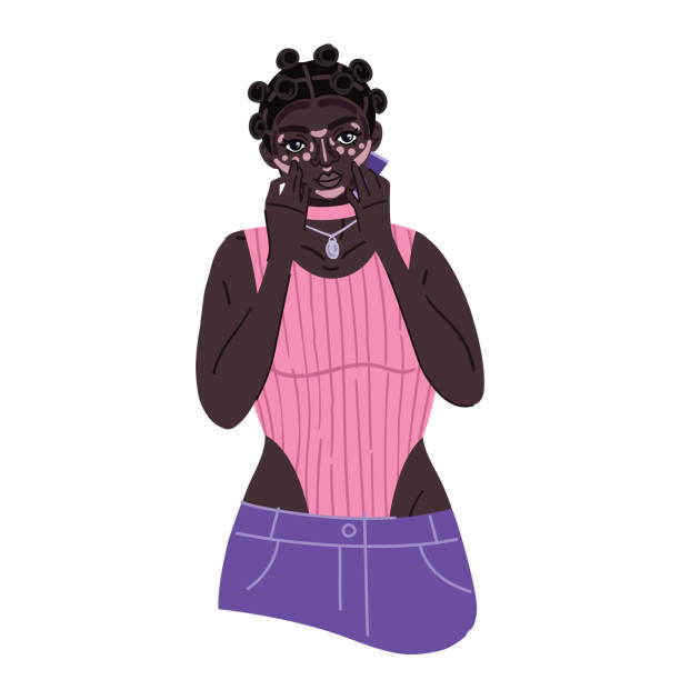 illustrazioni stock, clip art, cartoni animati e icone di tendenza di donna afro-americana fa contorno make up da solo - body jewlery