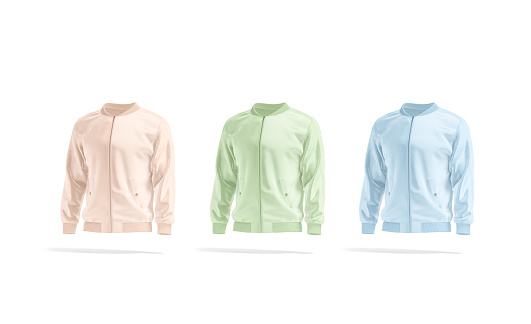 Blank colored bomber jacket mockup set, side view, 3d rendering. Empty pink, green and blue sport outwear mock up, isolated. Clear windproof male apparel with zipper template.