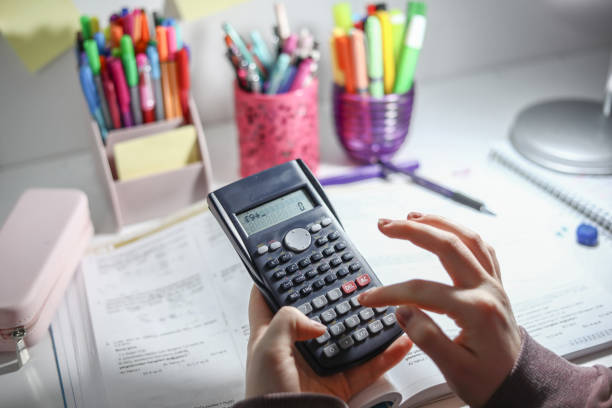 Student Studying With Calculator, Color Pencils, Pencil Holder, Student Studying