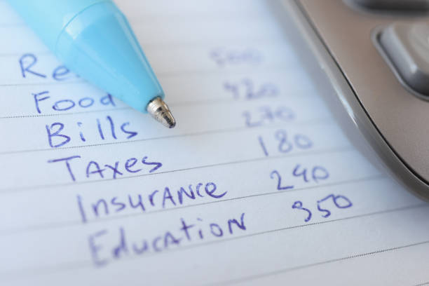 istock Ballpoint pen lying on expense list closeup 1308416156