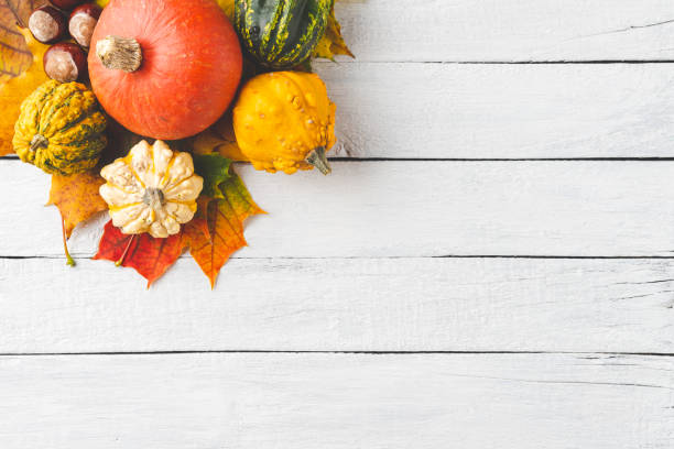 istock Autumn leaves and pumpkins on white wooden table with copyspace. Flat lay 1308417476