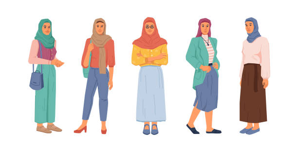 ファッショナブルな布、ヒジャーブやヘッドスカーフでイスラム教徒の女性は、フラット漫画の人々セットを分離しました。中東、アラブ首長国連邦またはトルコの女性を全国的かつカジュ� - women indigenous culture middle east traditional culture点のイラスト素材／クリップアート素材／マンガ素材／アイコン素材