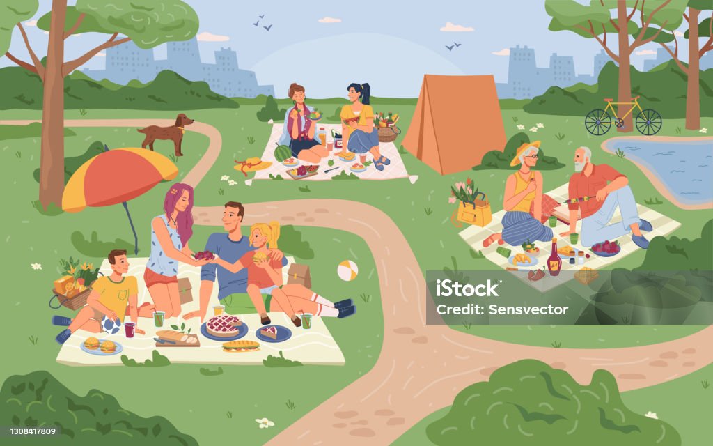 People On Picnic In City Park Having Fun Together Vector Cartoon Families  Sitting On Blankets And Enjoying Food And Drinks Parents And Children Dog  Pet Animal Girl Friends And Elderly Couple Stock