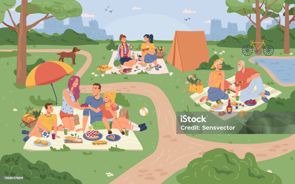 People On Picnic In City Park Having Fun Together Vector Cartoon Families Sitting On Blankets And Enjoying Food And Drinks Parents And Children Dog Pet Animal Girl Friends And Elderly Couple Stock People On Picnic In City Park Having Fun Together Vector Cartoon Families Sitting On Blankets And Enjoying Food And Drinks Parents And Children Dog Pet Animal Girl Friends And Elderly Couple Stock