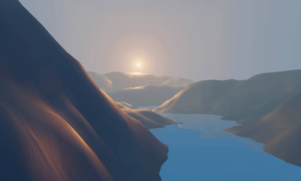 istock Mountain rock valley with river at sunset with fog. 3D illustration landscape 1308417870