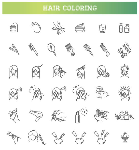 Hair coloring and styling process Hair dyeing icons set flaxen hair color stock illustrations