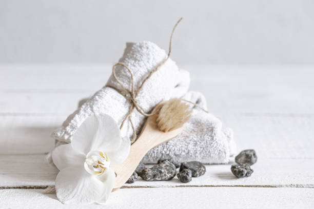 istock Spa composition with bath accessories orchid flower copy space. 1308420917