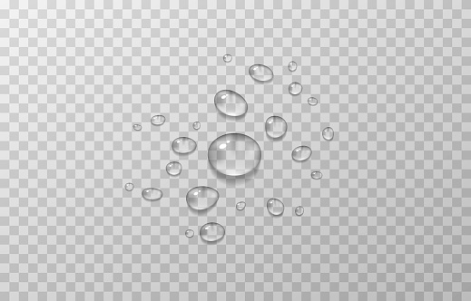 Vector water drops. Drops, condensation on the window, on the surface. Realistic drops on an isolated transparent background. Vector.
