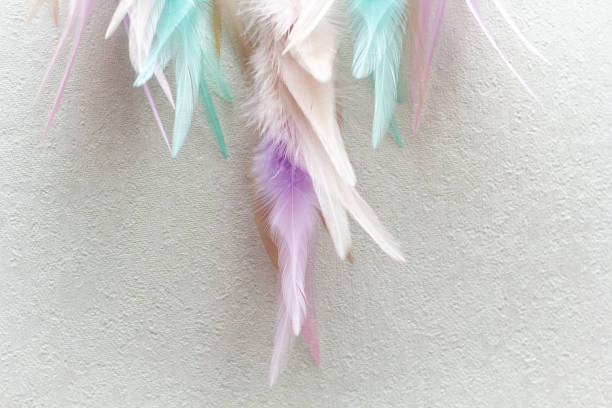 istock Handmade dream catcher with feathers threads and beads rope hanging on white background 1308423409