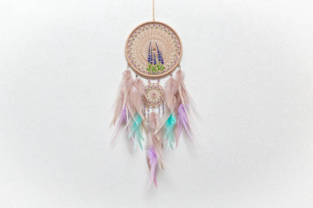 istock Handmade dream catcher with feathers threads and beads rope hanging on white background 1308423413