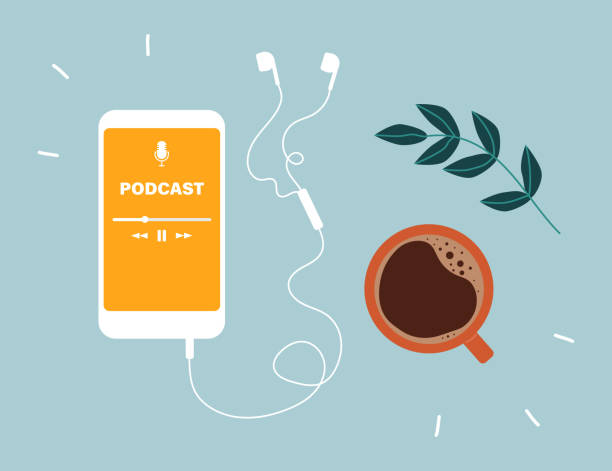 Podcast concept. Top view of a smartphone with an application for listening to podcasts on the screen, earphones and a cup of coffee. Online podcasting show, radio, audio. Isolated flat vector illustration. podcast mobile stock illustrations
