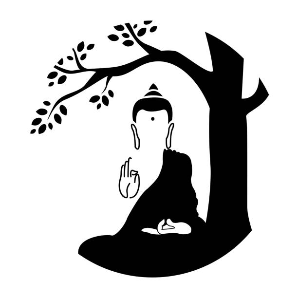 佛主佛陀的黑白符號。佛像剪影為水療中心。維薩克日問候背景與佛在菩提樹下 - vesak day 幅插畫檔、美工圖案、卡通及圖標
