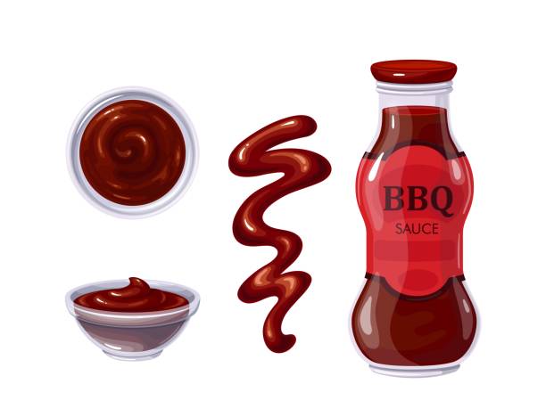BBQ sauce in bottle and bowl BBQ sauce in bottle and bowl, sauce spilled strips and spots. BBQ sauce top view. Vector illustration. ketchup-splash stock illustrations