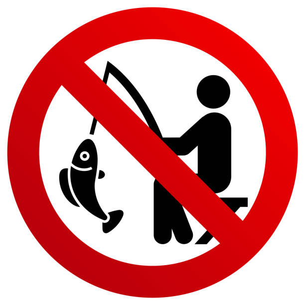 ilustraciones, imágenes clip art, dibujos animados e iconos de stock de sin señal prohibida de pesca, pegatina redonda moderna, ilustración vectorial - river road sign road sign
