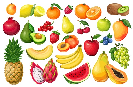 Berries and fruits vector illustration in cartoon style. Pitaya, pomegranate, raspberries, strawberries, grapes, currants and blueberries. Lemon, peach, apple, orange watermelon avocado and melon set