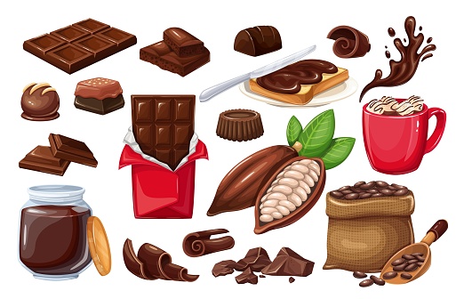 Chocolate icon set. candy, Cocoa Beans, Chips, Chocolate Bar, spred and ets for confectionery products shop.
