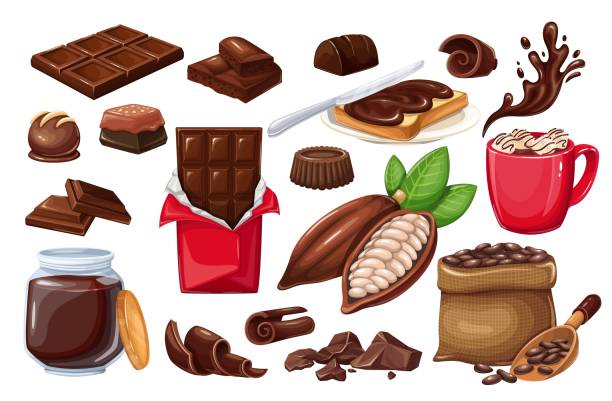 Chocolate icon set Chocolate icon set. candy, Cocoa Beans, Chips, Chocolate Bar, spred and ets for confectionery products shop. chocolate stock illustrations