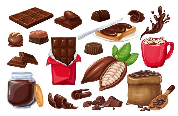 Chocolate icon set Chocolate icon set. candy, Cocoa Beans, Chips, Chocolate Bar, spred and ets for confectionery products shop. marshmallow chocolate stock illustrations