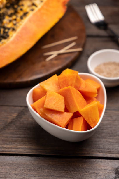 istock Sliced ripe papaya fruit on white plate ready to eat 1308427689