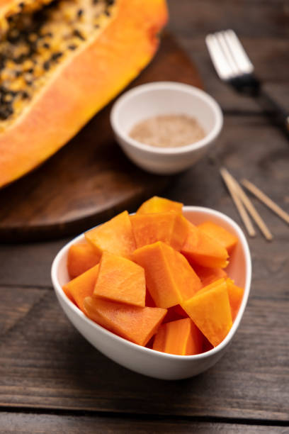 istock Sliced ripe papaya fruit on white plate ready to eat 1308427769