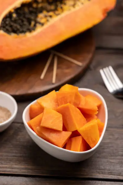 ripe papaya cut into section and then sliced into small cubes, kept in small bowl, ready to eat, very good for health
