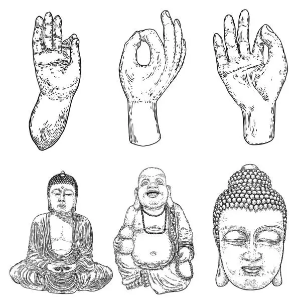 Vector illustration of Buddha meditation set and Buddha portraits. Drawings for Vesak Purnima day, traditional Buddhists holiday for Hindus. The festival of birth, enlightenment, and death of Buddha. Vector.