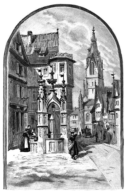 Reutlingen, Germany, Baden-Württemberg , gothic fountain Illustration from 19th century. reutlingen stock illustrations