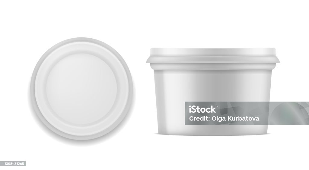 Yoghurtpaket. Vit tom behållare för efterrätt, glass eller mjölkprodukter uppifrån och på sidan, realistisk sluten rund låda med keps, varumärkesidentitet mall vektor 3d mockup - Royaltyfri Glass vektorgrafik