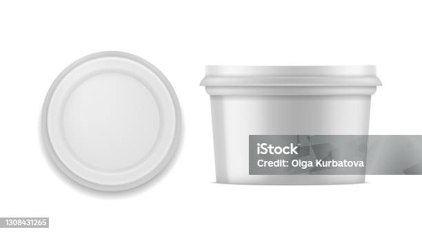 Yoghurtpaket Vit Tom Behållare För Efterrätt Glass Eller Mjölkprodukter Uppifrån Och På Sidan Realistisk Sluten Rund Låda Med Keps Varumärkesidentitet Mall Vektor 3d Mockup-vektorgrafik och fler bilder på Glass