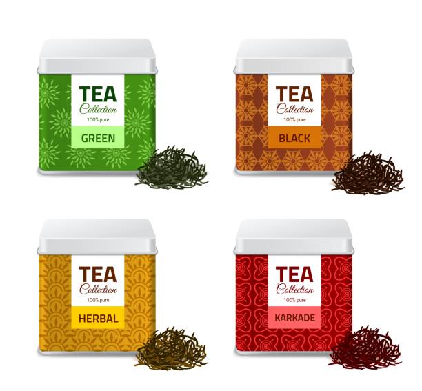 zaprojektuj pakiet produktów. realistyczne pudełka z cyną z herbatą, metalicznym opakowaniem prezentowym i czarnymi, czerwonymi i zielonymi, kwadratowymi pojemnikami aluminiowymi zestaw produktów masowych słoiki wektorowe izolowane makiety - dry tea stock illustrations
