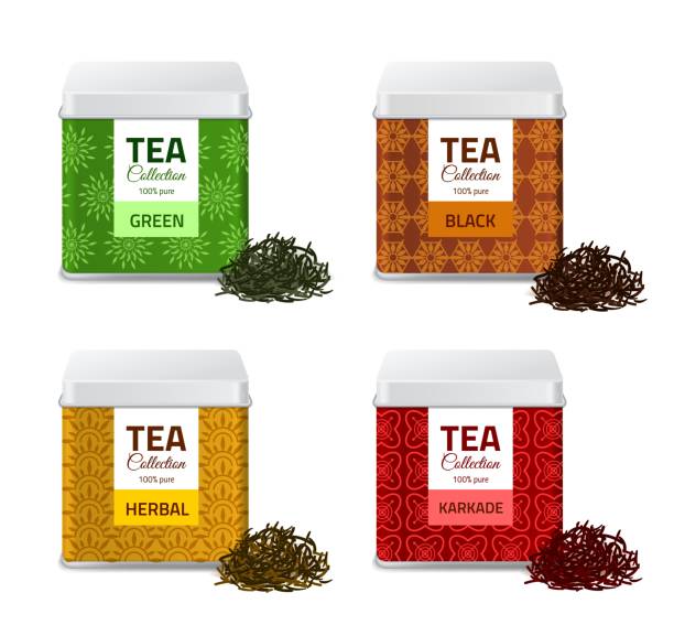 ilustrações de stock, clip art, desenhos animados e ícones de design product package. realistic tin boxes with tea, metallic gift pack and black, red and green dry leaves, aluminium square containers set bulk products jars vector isolated mockups - teabag label blank isolated