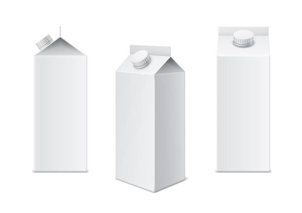 istock Realistic milk box. 3d white cardboard template for juice, milk and beverage package, different viewing angles drinks blank mockups. Closed container brand presentation vector set 1308431272