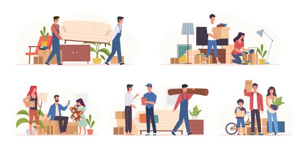 집으로 이사하는 사람들. 새 아파트에서 수송을 준비하는 가족, 상자를 정렬, 이동은 가구, 항목 포장, 교통 서비스, 개념 벡터 만화 장면 세트 재배치 - mover stock illustrations