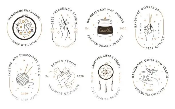 Vector illustration of Handmade workshop signs. Craft products hipster linear emblems, minimalist hobbies and creativity badges, hands holding tools. Art and embroidery studio logo vector line labels set