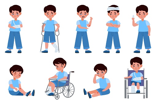 Childhood injuries types. Traumatized child, crying little boy, special needs kid in wheelchair, broken body parts with bandage, scratching and fractures. Medical treatment vector cartoon isolated set