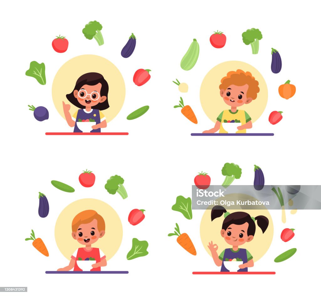Children Eat Salad Vitamin Organic Food And Natural Nutrition Kids Sitting  At Table And Eat Fresh Vegetables Boys And Girls Healthy Diet Dairy  Vegetarian Meal Vector Cartoon Concept Stock Illustration - Download