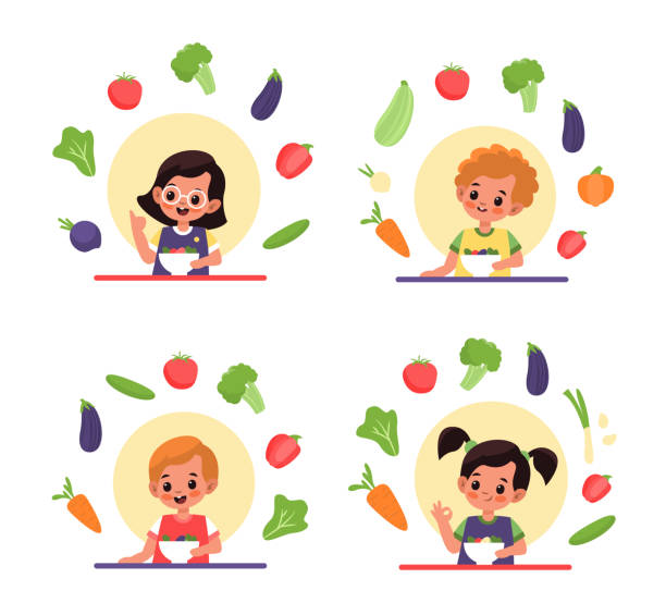 Children Eat Salad Vitamin Organic Food And Natural Nutrition Kids Sitting  At Table And Eat Fresh Vegetables Boys And Girls Healthy Diet Dairy  Vegetarian Meal Vector Cartoon Concept Stock Illustration - Download