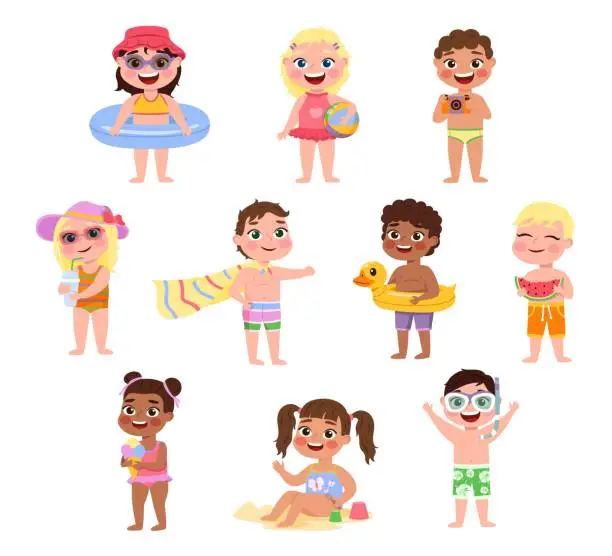 Vector illustration of Kids beach. Funny little children with summer accessories, smiling girls and boys in swimsuits with elements of pool games and sea holidays. Vector cartoon isolated on white set