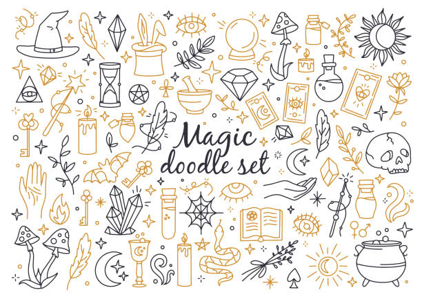 ilustrações de stock, clip art, desenhos animados e ícones de a magical and witchcraft set of doodle style icons - wizardry