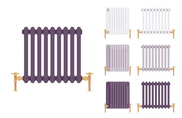 Vector illustration of Steam radiator cast iron retro set for heating comfort
