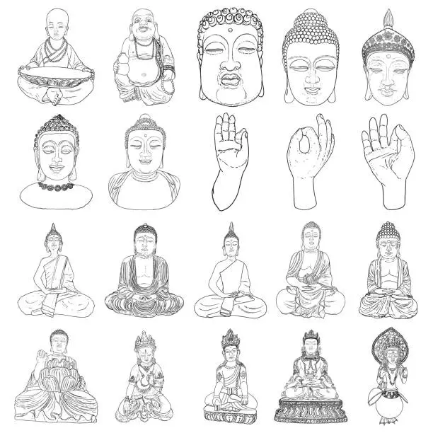 Vector illustration of Set of Sitting Buddha in lotus pose, meditating. Buddha portrait. Indian spiritual teacher, Buddhism religious leader. Yoga zen club design. Purnima and Happy Vesak Day elements. Vector.