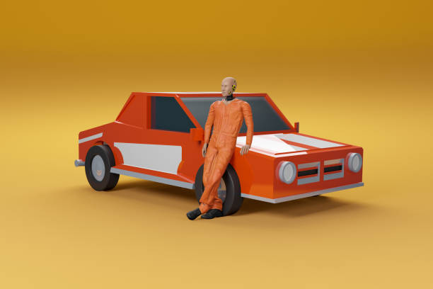 Crash test dummy lying on top of a stylized toy car. Crash test dummy lying on top of a stylized toy car. 3D rendering. crash test dummy stock pictures, royalty-free photos & images