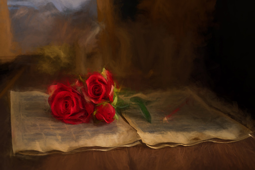Digital painting of a Valentine red roses lying on vintage music sheets with the word love.