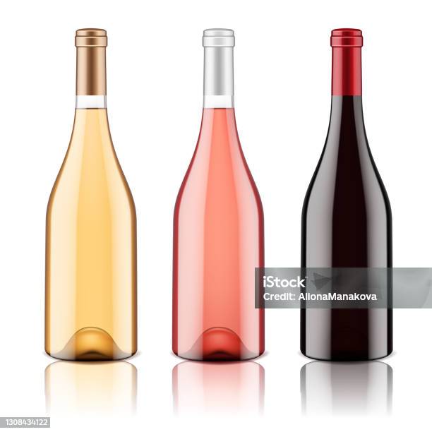 Set Of Transparent Wine Bottles Isolated - Arte vetorial de stock e mais imagens de Garrafa de Vinho - Garrafa de Vinho, Branco, Rosado